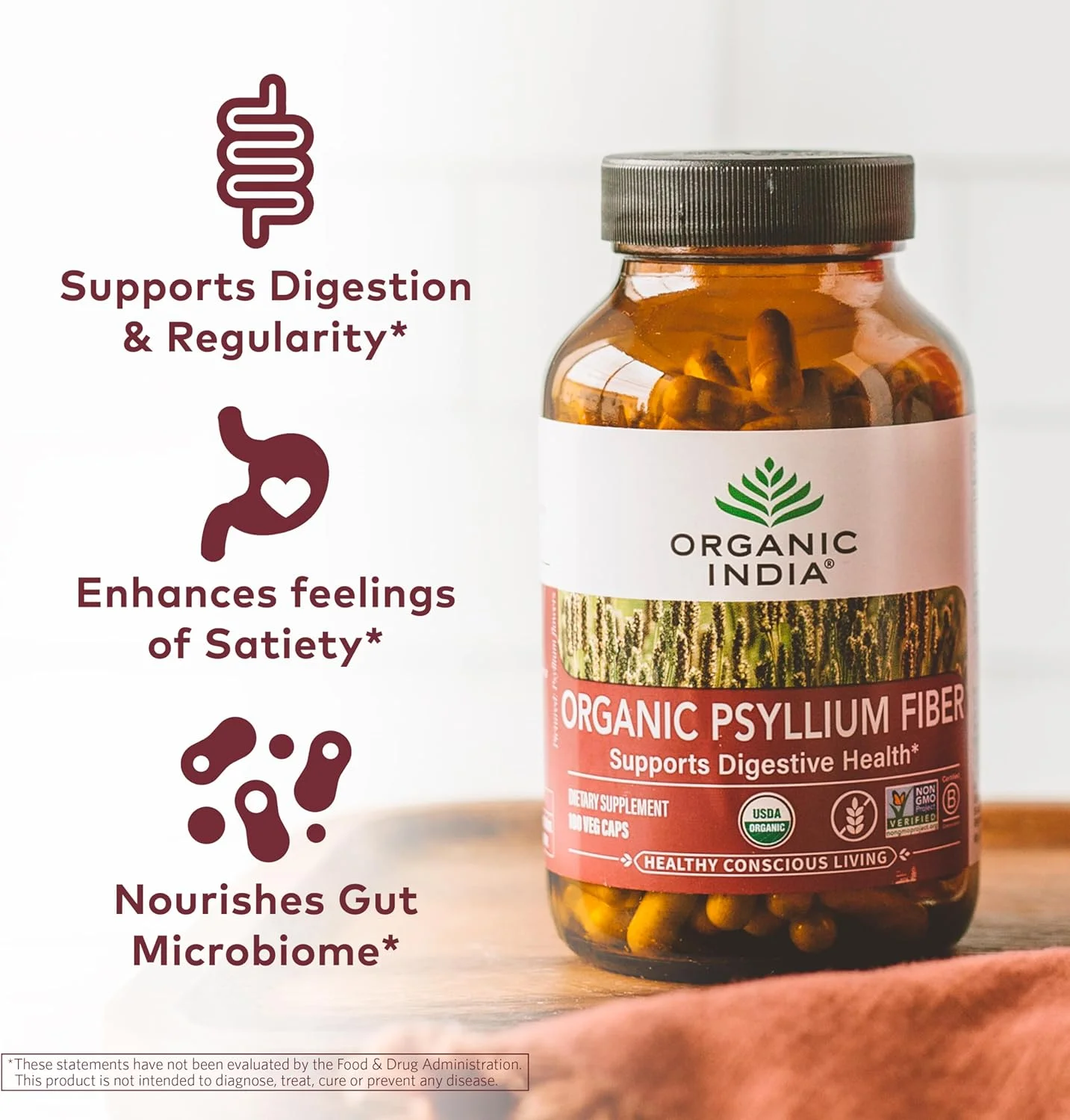 فیبر پسیلیوم ارگانیک ایندیا | فیبر پری‌بیوتیک گیاهی | پشتیبانی از سلامت دستگاه گوارش | زندگی سالم و آگاهانه | گیاهخواری | فاقد گلوتن | 90 کپسول گیاهی
