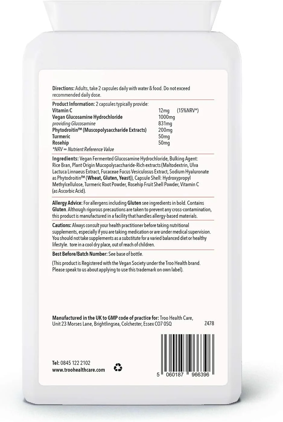کپسول های کمپلکس گلوکوزامین و فیتودرویتین گیاهی ترو هلث کر - حاوی کندرویتین گیاهی، زردچوبه، گل رز و ویتامین C برای پشتیبانی از غضروف و استخوان ها (90 عدد)