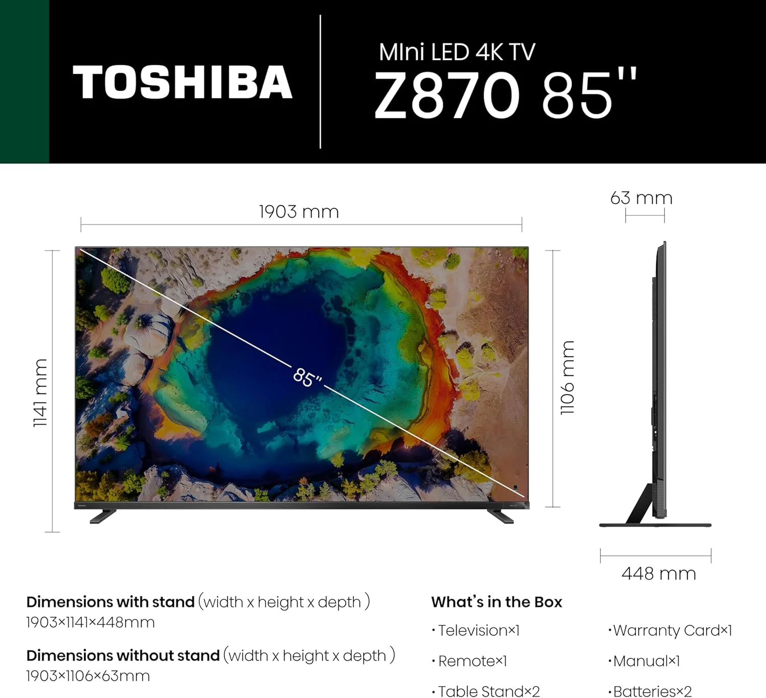 تلویزیون هوشمند 85 اینچی مینی ال ای دی 144 هرتز توشیبا مدل Z870N - رنگ نقطه کوانتومی، ضد انعکاس پرو، Local Dimming Pro، ارتقاء مقیاس هوش مصنوعی 4K، REGZA Power Audio Pro، حالت بازی Pro، Dolby Atmos (مدل 2024)