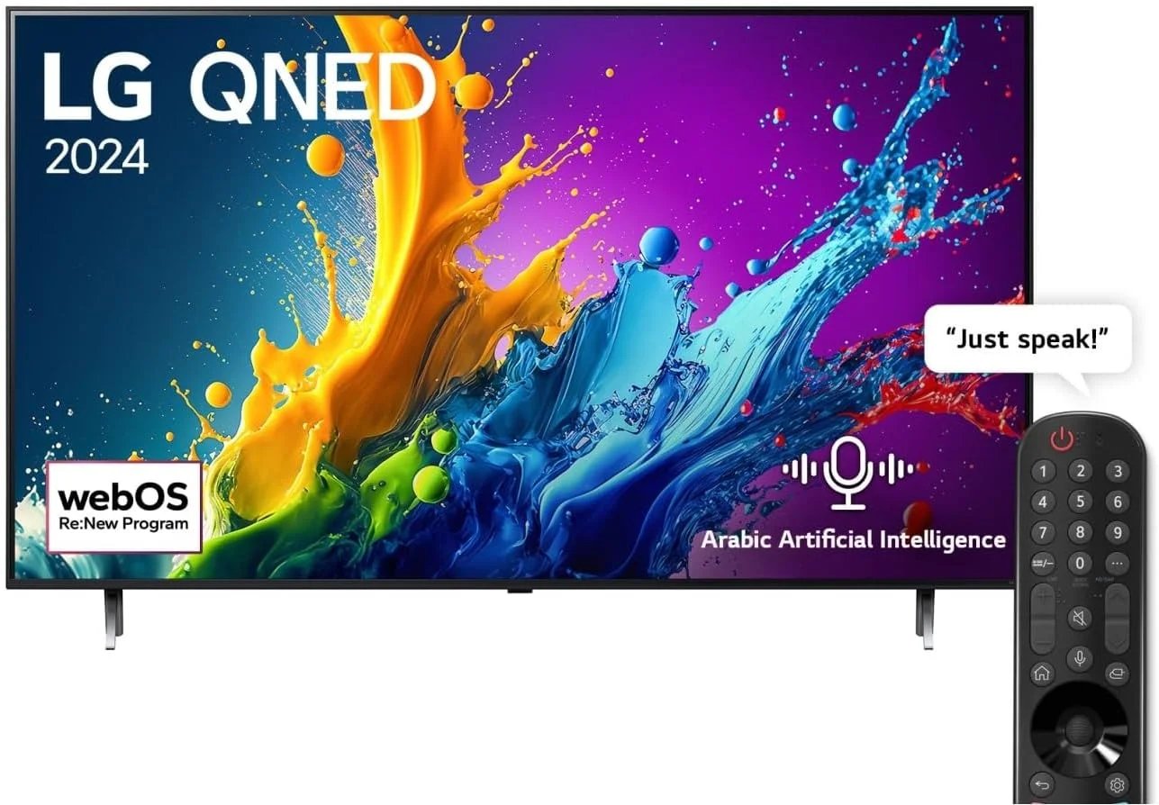 تلویزیون هوشمند 4K ال‌جی مدل QNED80 با صفحه نمایش 75 اینچ، ریموت جادویی AI، HDR10 و سیستم عامل webOS24، سال 2024، رنگ مشکی