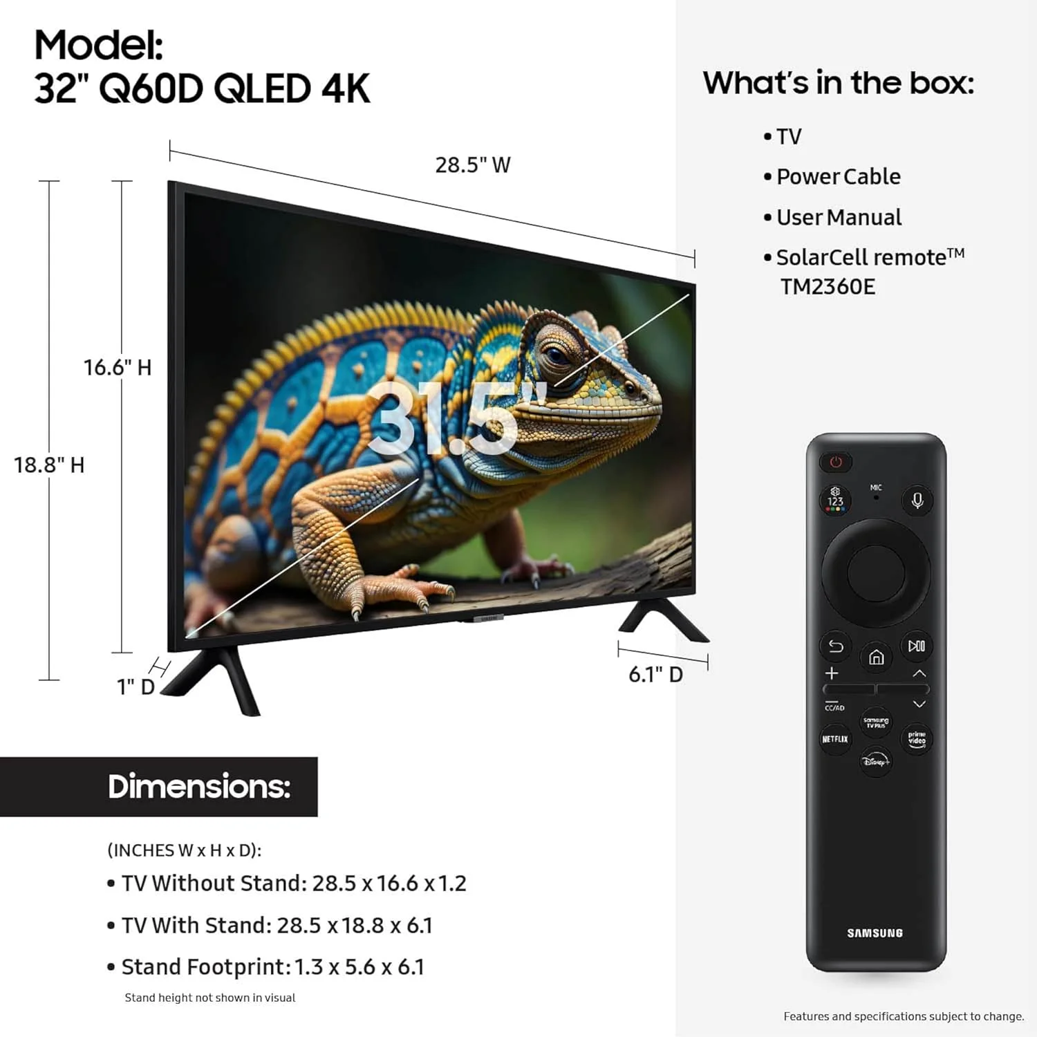 تلویزیون هوشمند 32 اینچی سامسونگ QLED 4K سری Q60D با Quantum HDR، صدای ردیابی اشیاء Lite، Motion Xcelerator، طراحی باریک، Gaming Hub و Alexa داخلی (مدل QN32Q60D، 2024) تلویزیون هوشمند 32 اینچی سامسونگ QLED 4K سری Q60D با Quantum HDR، صدای ردیابی اشیاء Lite، Motion Xcelerator، طراحی باریک، Gaming Hub و Alexa داخلی (مدل QN32Q60D، 2024)