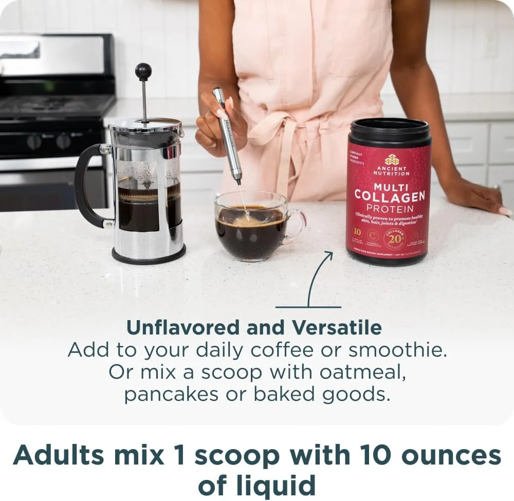 پودر پپتیدهای کلاژن Ancient Nutrition، پروتئین کلاژن چندگانه، زنان و مردان، ویتامین C، پروبیوتیک، کلاژن هیدرولیز شده، پشتیبانی از پوست، مفاصل، سلامت روده، بدون طعم، 60 سروینگ