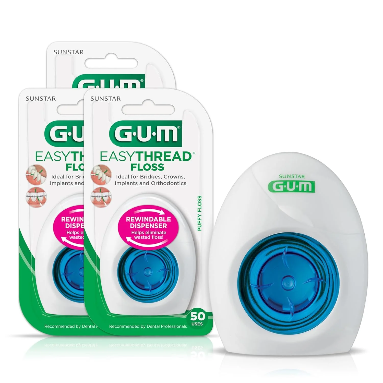 نخ دندان GUM EasyThread - نخ دندان منبسط شونده برای ارتودنسی، بریج و ایمپلنت - دارای نخ کش سفت داخلی (50 بار استفاده) (بسته 3 عددی)