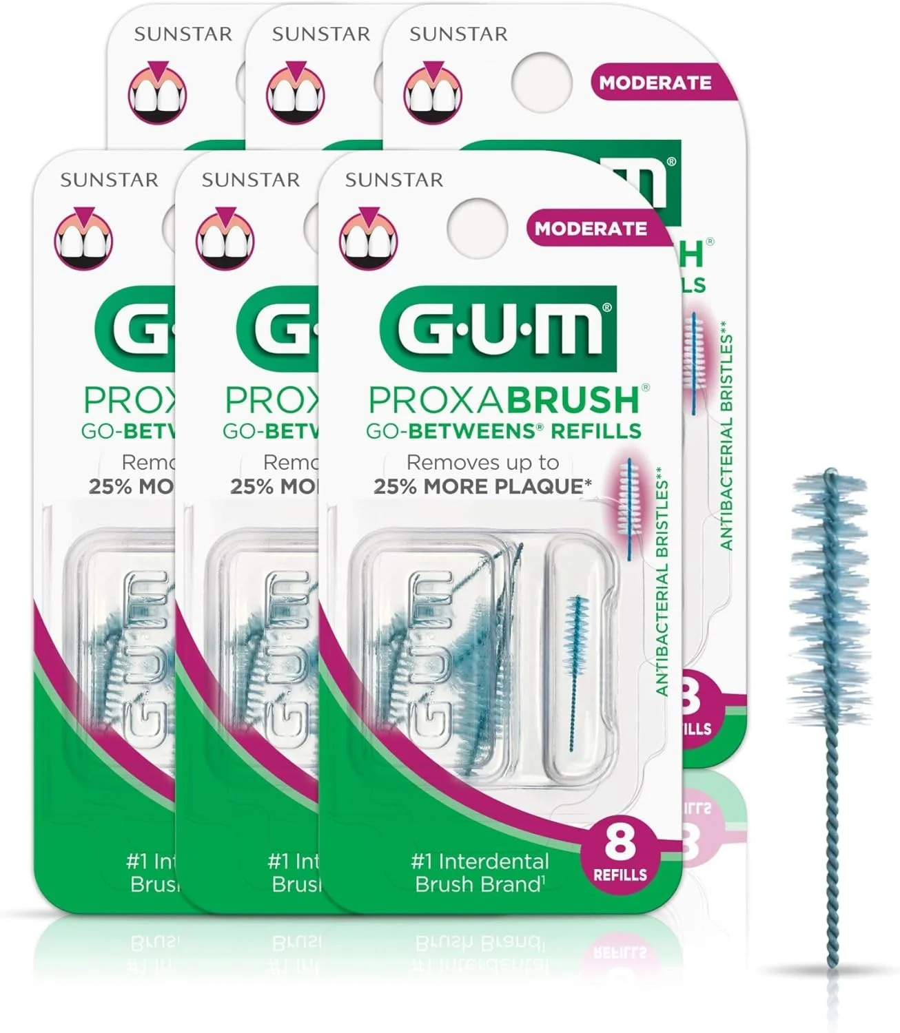 سری یدک برس بین دندانی جی یو ام پروکسا براش گو-بیتوینز - متوسط - سازگار با دسته دائمی - برس های بین دندانی قابل استفاده مجدد - خلال دندان با موهای نرم، 8 عددی (6 بسته)