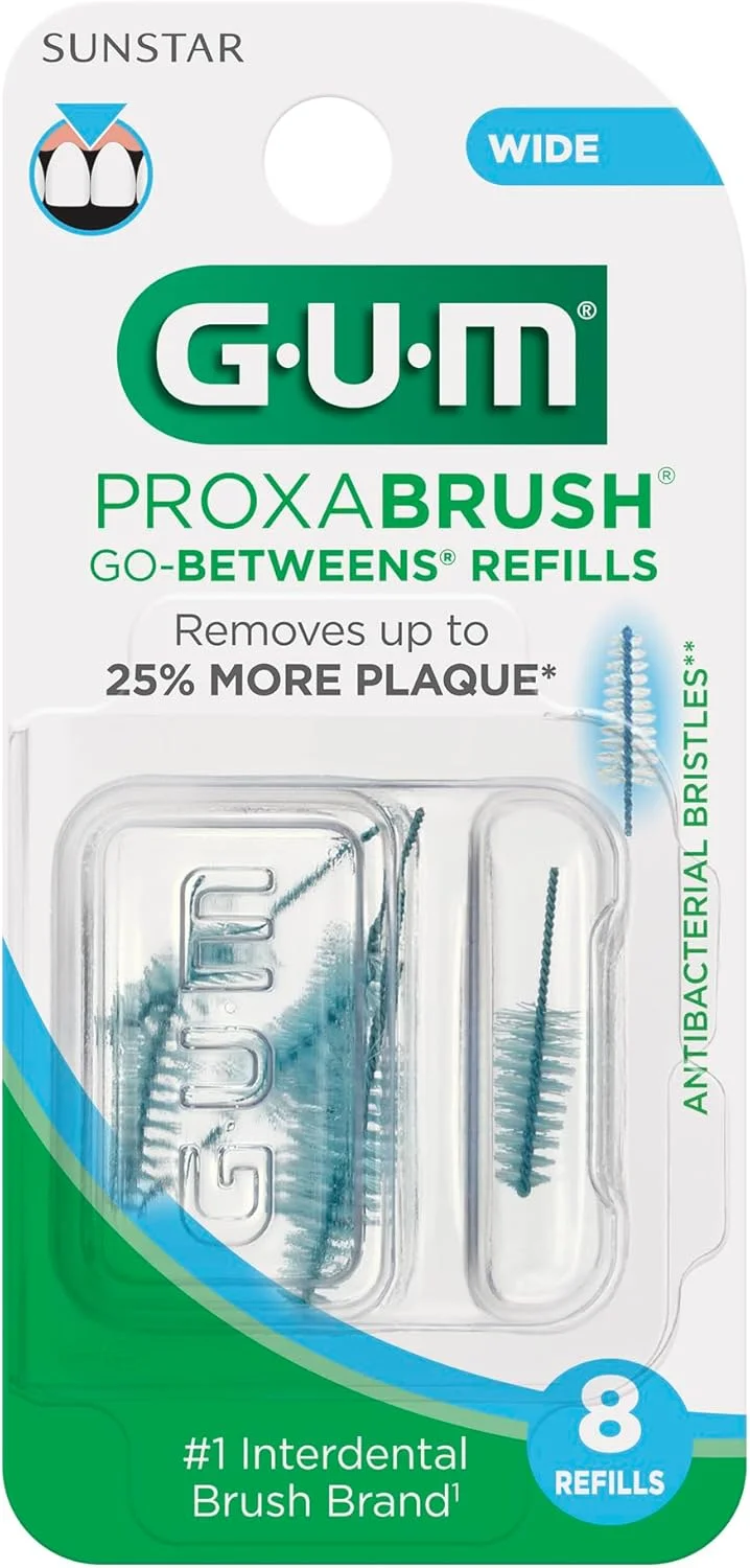 سری یدک برس بین دندانی GUM Proxabrush Go-Betweens - پهن - سازگار با دسته دائمی - برس های بین دندانی قابل استفاده مجدد - خلال دندان با موهای نرم، 8 عددی (6 بسته)