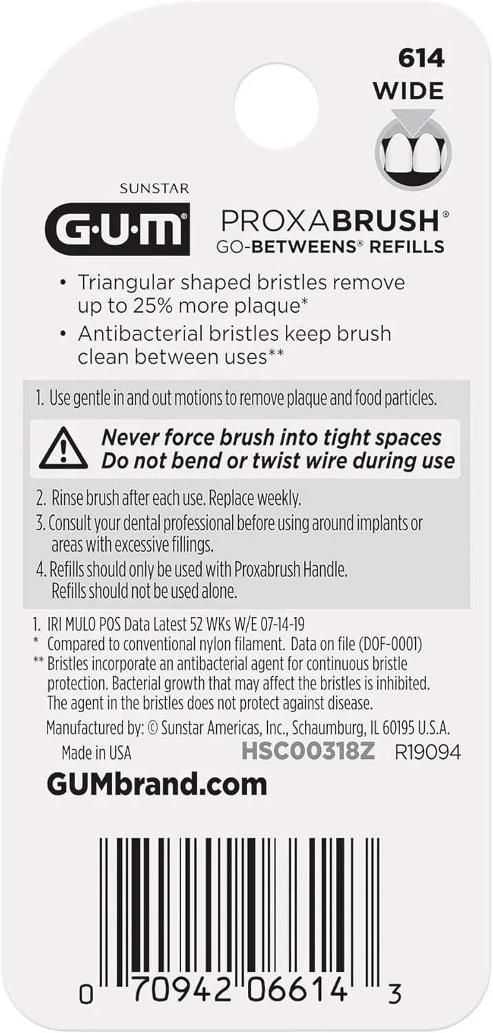 سری یدک برس بین دندانی GUM Proxabrush Go-Betweens - پهن - سازگار با دسته دائمی - برس های بین دندانی قابل استفاده مجدد - خلال دندان با موهای نرم، 8 عددی (6 بسته)