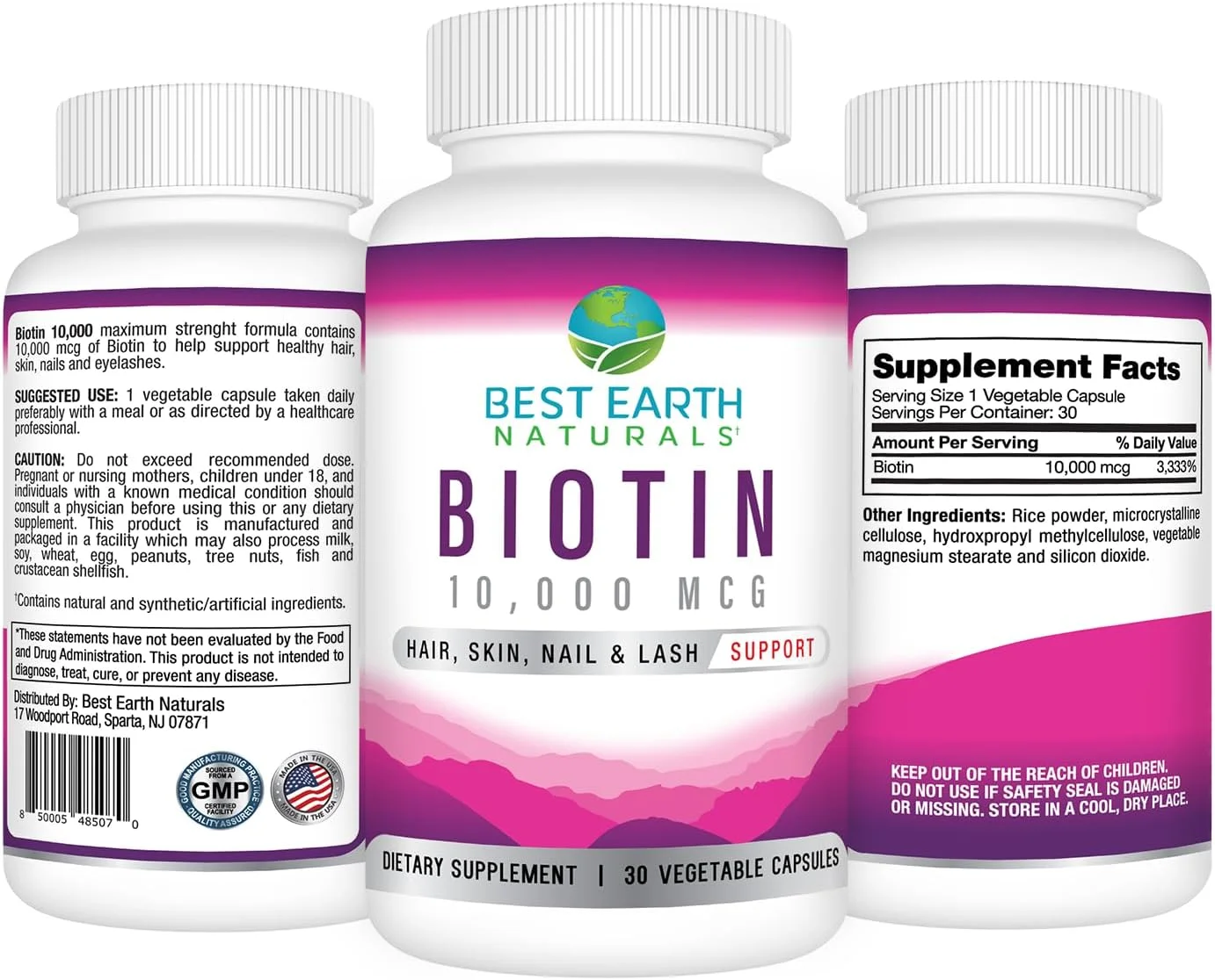 بهترین مکمل بیوتین طبیعی زمین 10000 میکروگرم - مکمل ویتامین بیوتین با قدرت فوق العاده برای حمایت از رشد مو، ناخن های قوی، مژه های بلندتر و پوست سالم