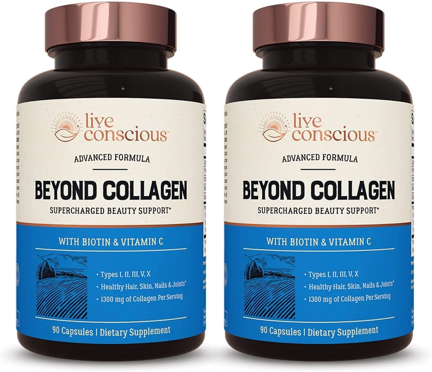 کپسول های کلاژن چندگانه Beyond Collagen - انواع I، II، III، V و X | ترکیب هیدرولیز شده با بیوتین و ویتامین C برای مو، پوست، ناخن | Live Conscious - 180 کپسول (2 بسته) کپسول های کلاژن چندگانه Beyond Collagen - انواع I، II، III، V و X | ترکیب هیدرولیز شده با بیوتین و ویتامین C برای مو، پوست، ناخن | Live Conscious - 180 کپسول (2 بسته)