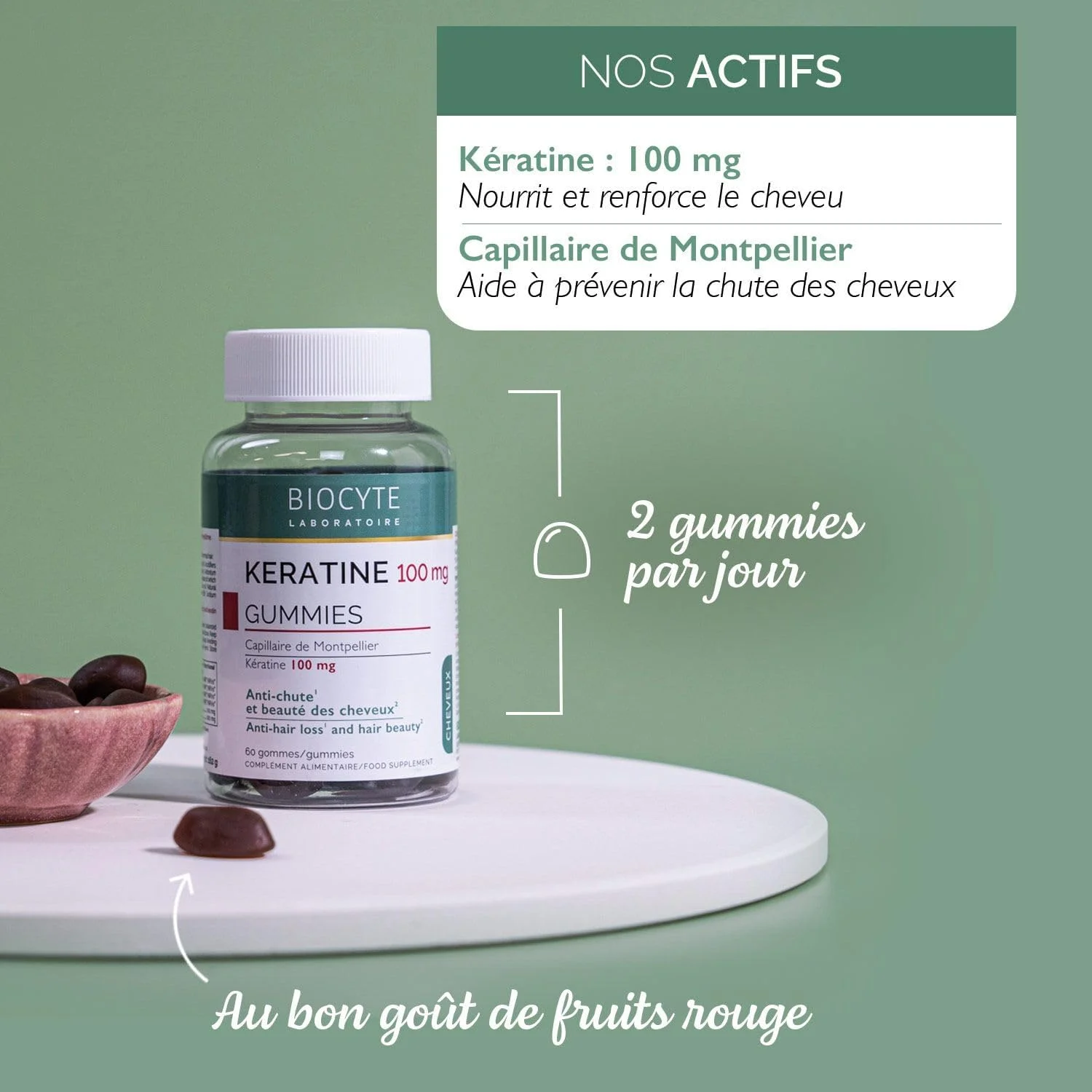 پاستیل کراتین بایوسایت برای رشد مو – کراتین، ویتامین E، روی، سلنیوم، بیوتین – 60 پاستیل با طعم میوه های قرمز – دوره 30 روزه