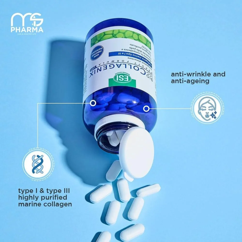 قرص بیوکلاژنیکس دریایی ای اس آی حاوی 1000 میلی گرم کلاژن، 120 عدد به همراه آینه جیبی تاشو، پشتیبانی از خاصیت ارتجاعی، آبرسانی و استحکام پوست، سلامت مو و ناخن قرص بیوکلاژنیکس دریایی ای اس آی حاوی 1000 میلی گرم کلاژن، 120 عدد به همراه آینه جیبی تاشو، پشتیبانی از خاصیت ارتجاعی، آبرسانی و استحکام پوست، سلامت مو و ناخن