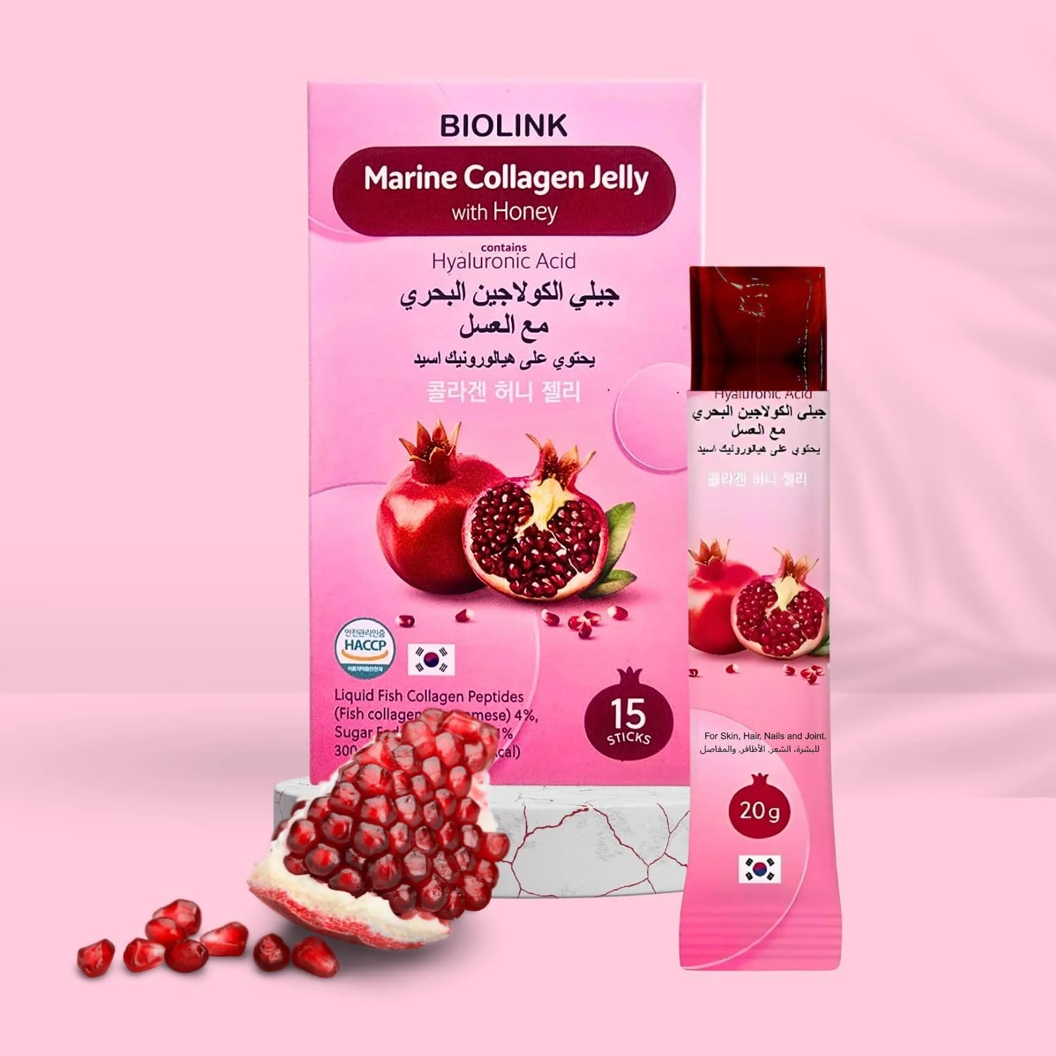 ژله کلاژن دریایی کرهای با اسید هیالورونیک و عسل – پشتیبانی از پوست، مو و ناخن – زیبایی و شادابی با انار – 20 گرم × 15 ساشه ژله کلاژن دریایی کرهای با اسید هیالورونیک و عسل – پشتیبانی از پوست، مو و ناخن – زیبایی و شادابی با انار – 20 گرم × 15 ساشه