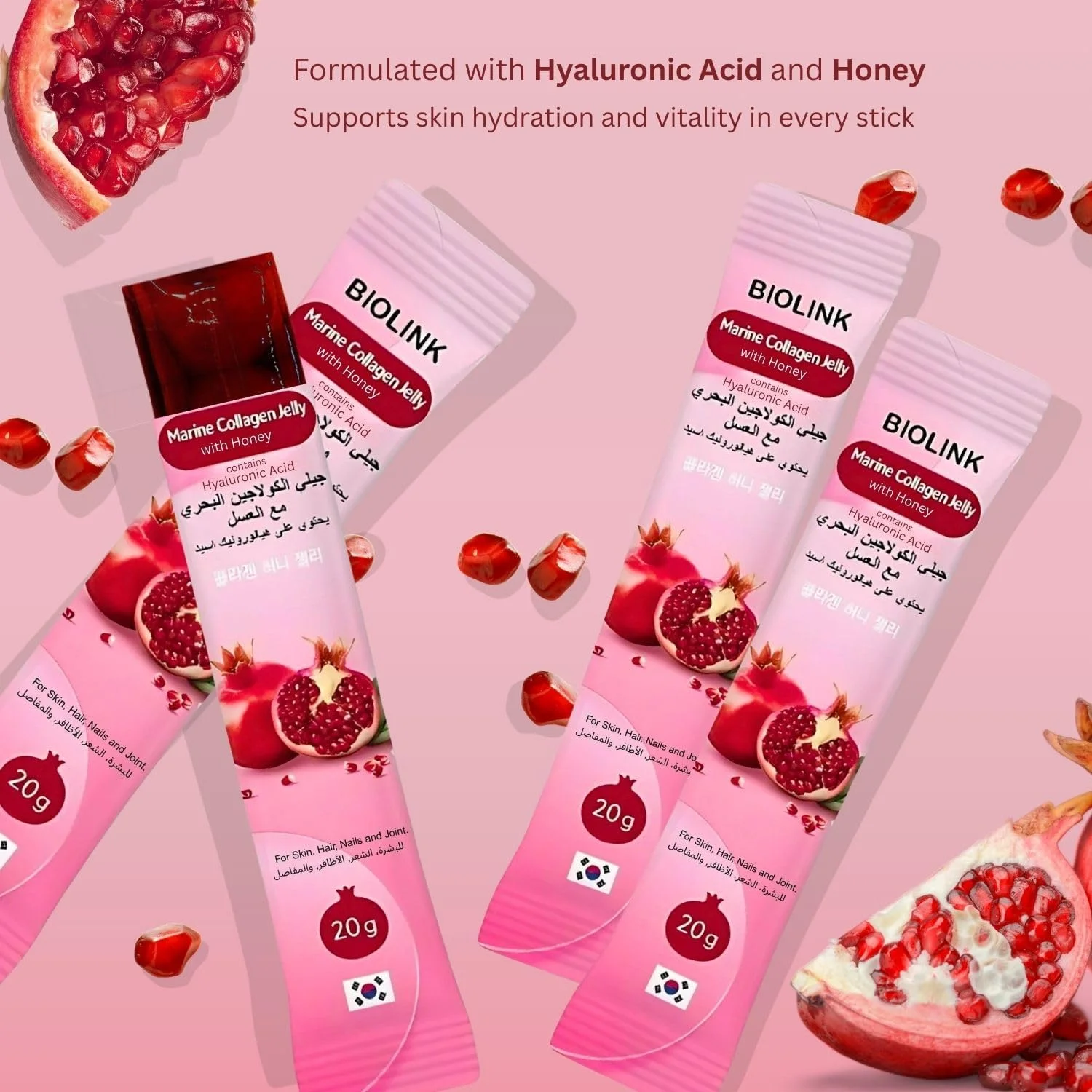 ژله کلاژن دریایی کرهای با اسید هیالورونیک و عسل – پشتیبانی از پوست، مو و ناخن – زیبایی و شادابی با انار – 20 گرم × 15 ساشه ژله کلاژن دریایی کرهای با اسید هیالورونیک و عسل – پشتیبانی از پوست، مو و ناخن – زیبایی و شادابی با انار – 20 گرم × 15 ساشه