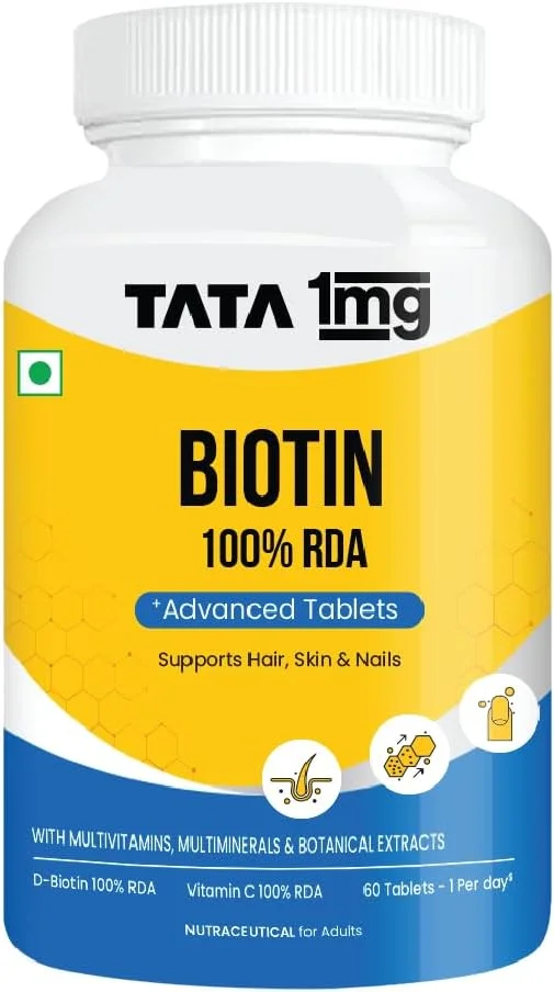 قرص بیوتین + پیشرفته Tata 1mg، پشتیبانی از مو، پوست و ناخن های قوی (بسته 1 عددی، 60 قرص) قرص بیوتین + پیشرفته Tata 1mg، پشتیبانی از مو، پوست و ناخن های قوی (بسته 1 عددی، 60 قرص)