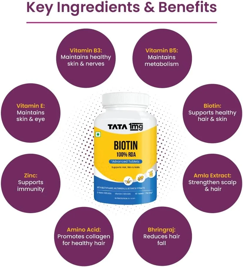 قرص بیوتین + پیشرفته Tata 1mg، پشتیبانی از مو، پوست و ناخن های قوی (بسته 1 عددی، 60 قرص) قرص بیوتین + پیشرفته Tata 1mg، پشتیبانی از مو، پوست و ناخن های قوی (بسته 1 عددی، 60 قرص)
