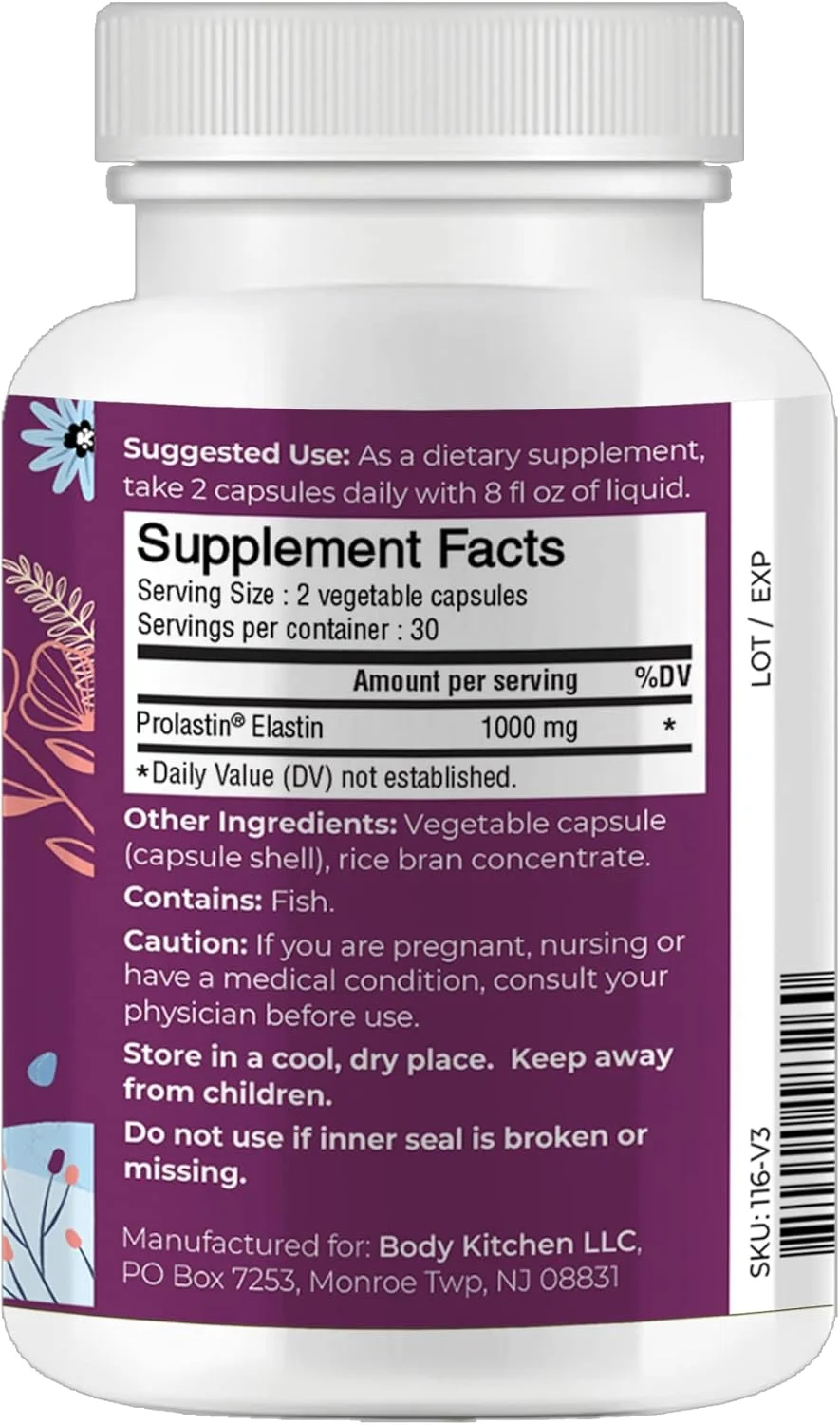 مکمل الاستین بادی کیچن پرو-الاستین، 1000 میلی گرم، کمک به کاهش علائم پیری، بهبود سلامت پوست، استحکام و خاصیت ارتجاعی، کاهش چین و چروک، کپسول های گیاهی، (بسته 1 عددی)