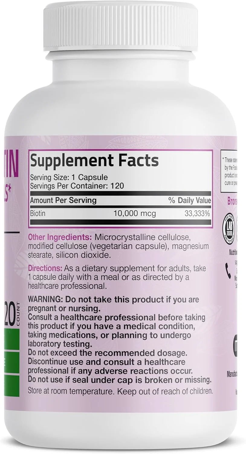 مکمل بیوتین اولترا برونسون 10000 میکروگرم برای مو، پوست و ناخن، غیر تراریخته، 120 کپسول گیاهی