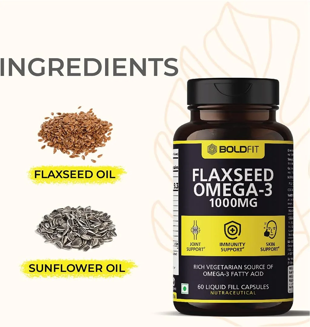 مکمل امگا 3 تخم کتان Boldfit 1000 میلی گرم برای حمایت از پوست، مفاصل، مو و سیستم ایمنی. منبع گیاهی امگا 3 برای آقایان و بانوان - 60 کپسول گیاهی. مکمل امگا 3 تخم کتان Boldfit 1000 میلی گرم برای حمایت از پوست، مفاصل، مو و سیستم ایمنی. منبع گیاهی امگا 3 برای آقایان و بانوان - 60 کپسول گیاهی.