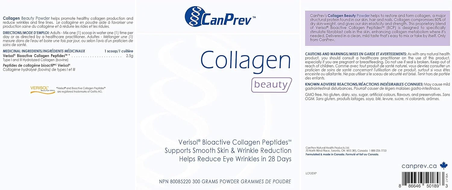 پودر کلاژن زیبایی CanPrev، ۳۰۰ گرم، ۱۲۰ سروینگ - پپتیدهای کلاژن فعال زیستی Verisol - افزایش درخشندگی پوست، بهبود خاصیت ارتجاعی، پشتیبانی از مو، پوست و ناخن، راحت و بدون طعم برای اسموتی ها