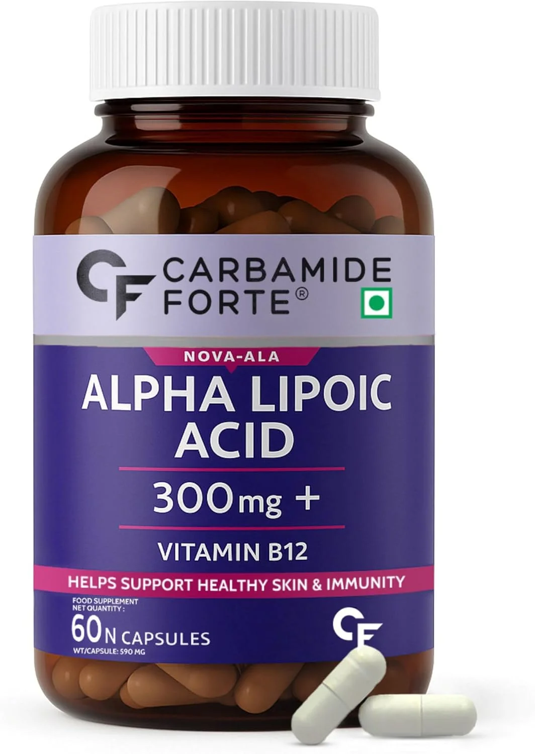 کپسول آلفا لیپوئیک اسید 300 میلی گرم کاربامید فورت با ویتامین B12 و لیکوپن | مکمل ALA | پشتیبانی از سلامت پوست و سیستم ایمنی - 60 کپسول گیاهی آلفا لیپوئیک اسید