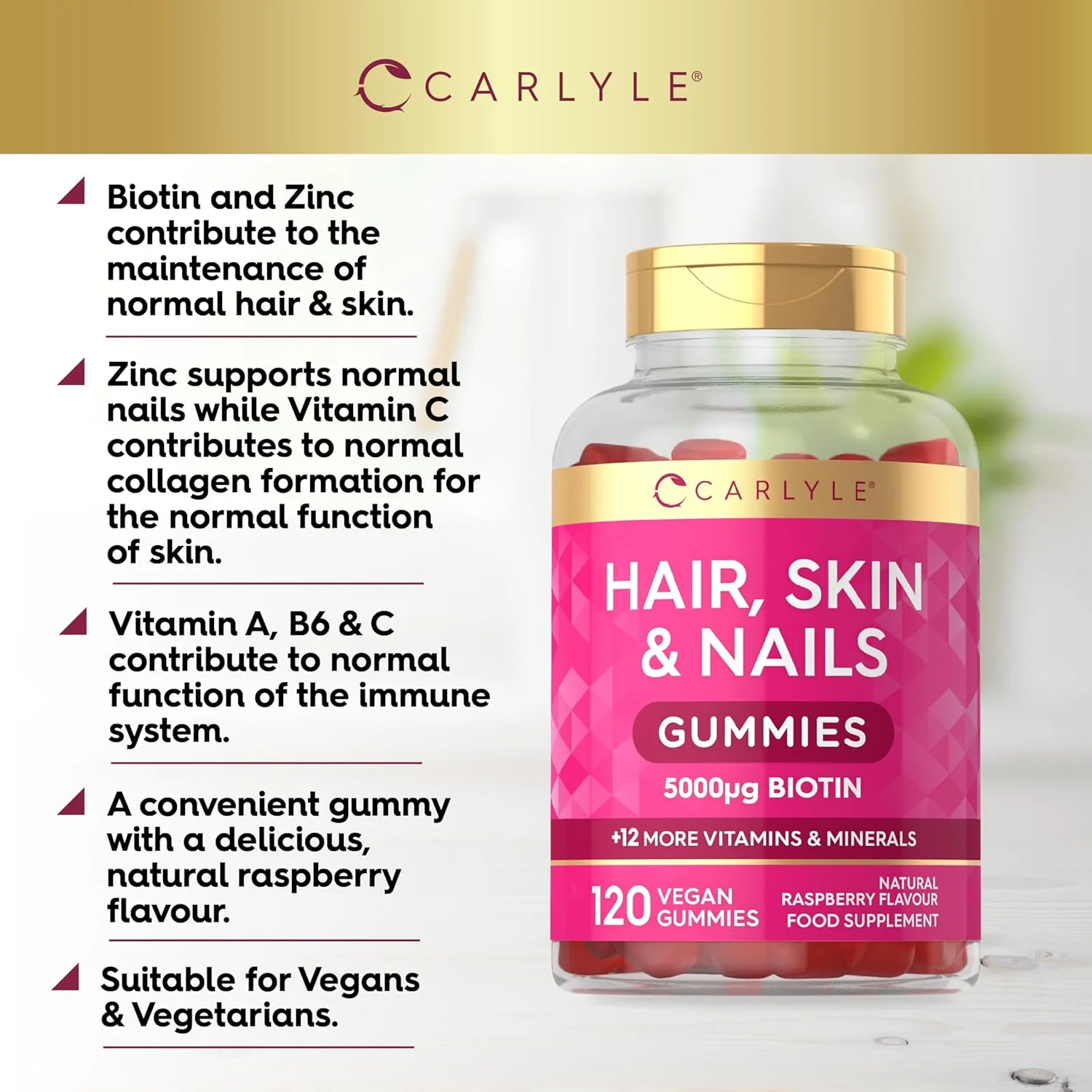 پاستیل های مو، پوست و ناخن کارلایل | 5000 میکروگرم بیوتین | 120 پاستیل | حاوی ویتامین های A، B12، B6، C، D، E و زینک | طعم طبیعی تمشک |