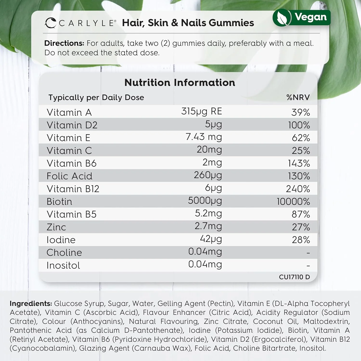 پاستیل های مو، پوست و ناخن کارلایل | 5000 میکروگرم بیوتین | 120 پاستیل | حاوی ویتامین های A، B12، B6، C، D، E و زینک | طعم طبیعی تمشک |