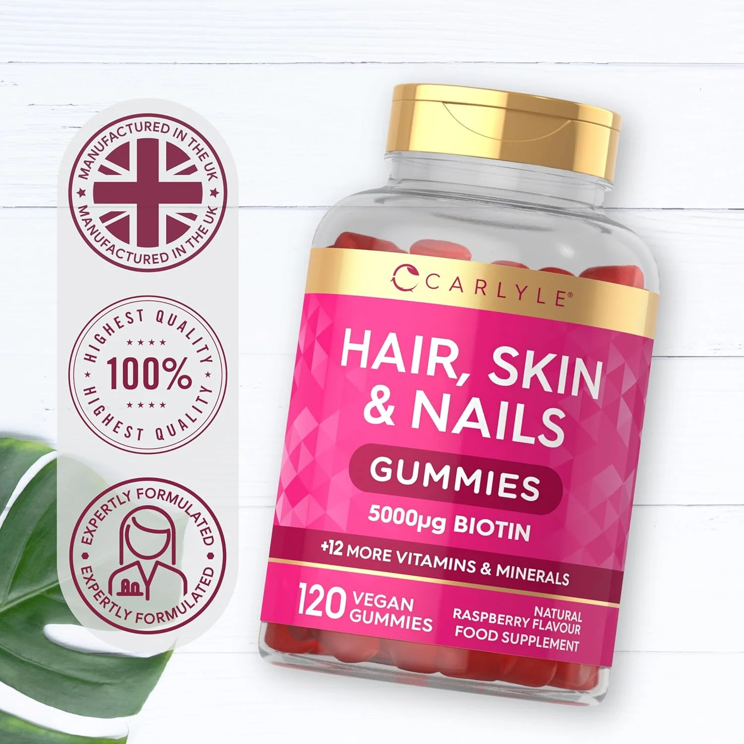 پاستیل های مو، پوست و ناخن کارلایل | 5000 میکروگرم بیوتین | 120 پاستیل | حاوی ویتامین های A، B12، B6، C، D، E و زینک | طعم طبیعی تمشک |