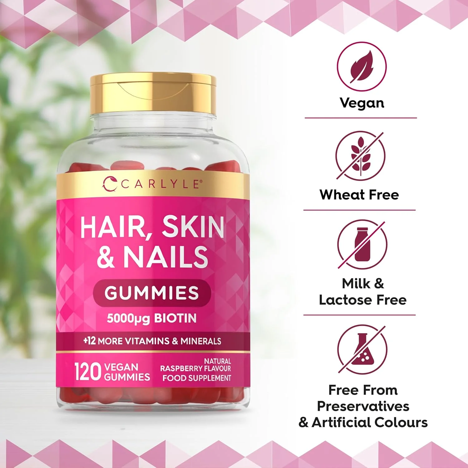 پاستیل های مو، پوست و ناخن کارلایل | 5000 میکروگرم بیوتین | 120 پاستیل | حاوی ویتامین های A، B12، B6، C، D، E و زینک | طعم طبیعی تمشک |