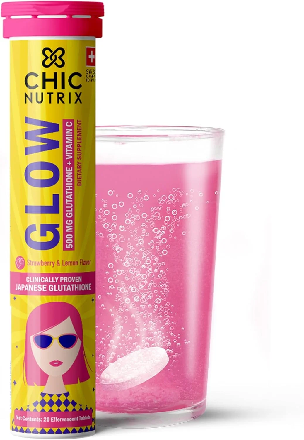 قرص جوشان Chicnutrix Glow - گلوتاتیون ژاپنی و آنتی اکسیدان ویتامین C برای پوست شفاف و درخشان، بدون شکر، طعم لیمو توت فرنگی، 20 عدد (بسته 1 عددی) قرص جوشان Chicnutrix Glow - گلوتاتیون ژاپنی و آنتی اکسیدان ویتامین C برای پوست شفاف و درخشان، بدون شکر، طعم لیمو توت فرنگی، 20 عدد (بسته 1 عددی)