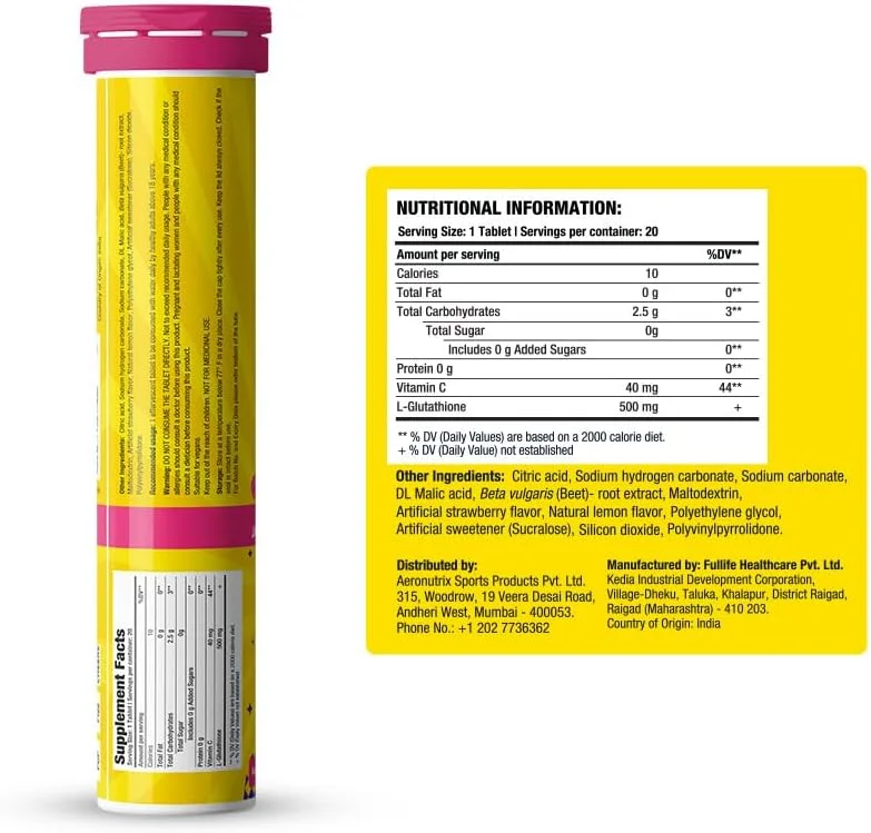 قرص جوشان Chicnutrix Glow - گلوتاتیون ژاپنی و آنتی اکسیدان ویتامین C برای پوست شفاف و درخشان، بدون شکر، طعم لیمو توت فرنگی، 20 عدد (بسته 1 عددی)
