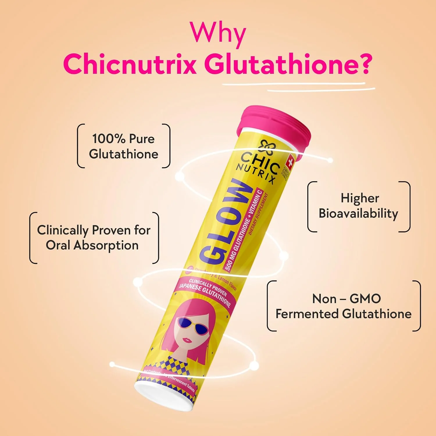 قرص جوشان Chicnutrix Glow - گلوتاتیون ژاپنی و آنتی اکسیدان ویتامین C برای پوست شفاف و درخشان، بدون شکر، طعم لیمو توت فرنگی، 20 عدد (بسته 1 عددی)