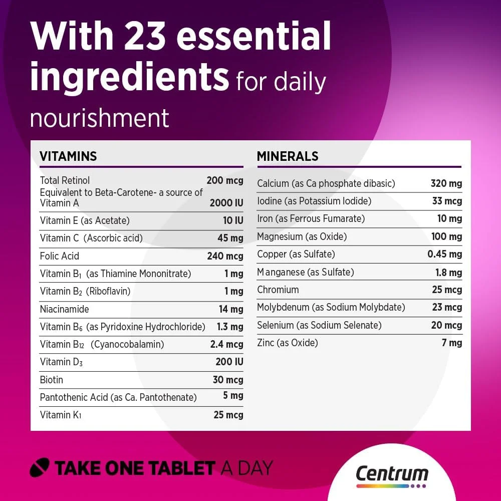 مولتی ویتامین مخصوص بانوان سنتروم، 100 عدد قرص مولتی ویتامین مخصوص بانوان سنتروم، 100 عدد قرص