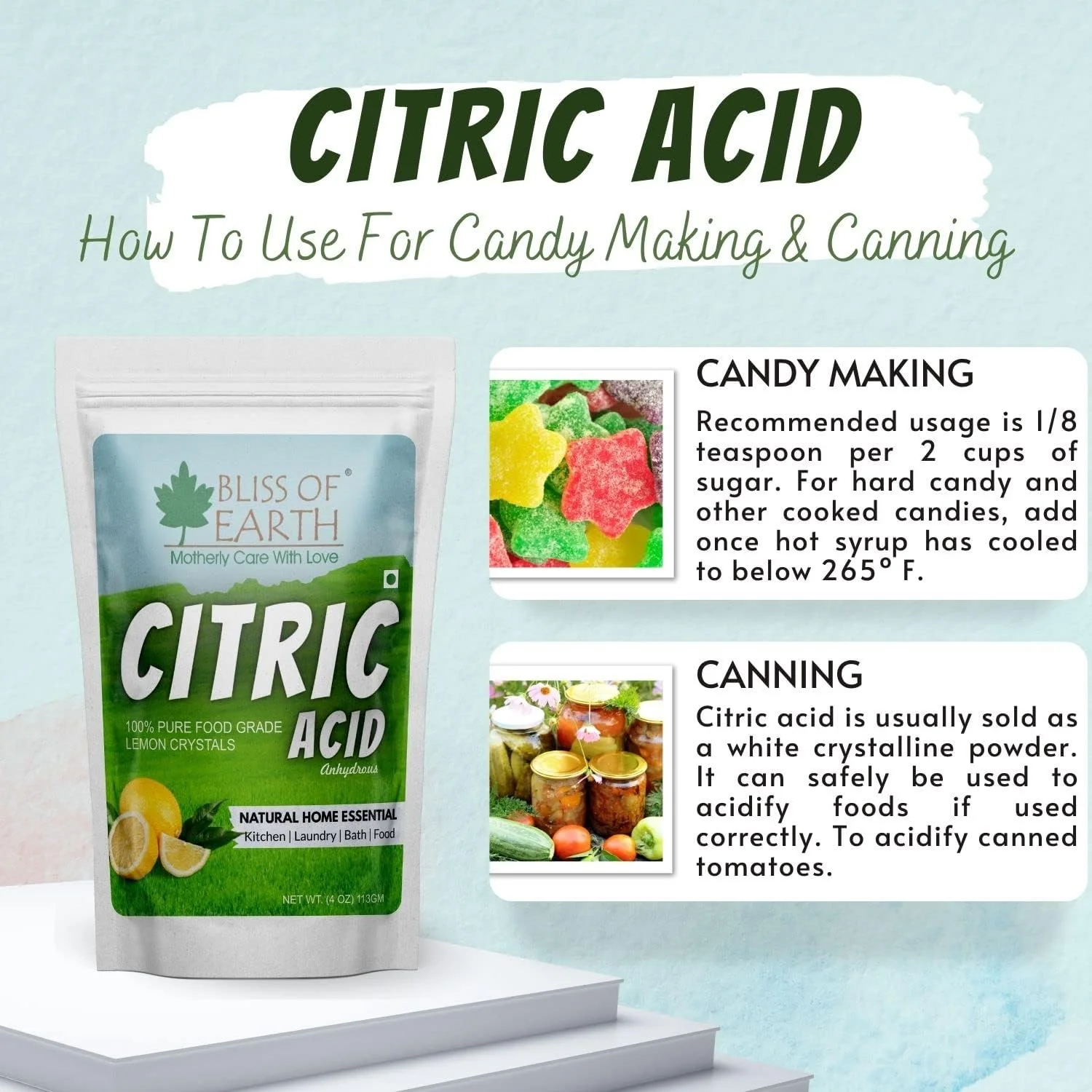 اسید سیتریک خالص خوراکی بلیس آف ارث، پودر اسید سیتریک بدون آب کریستال لیمو برای غذا، حمام، تمیز کردن و نگهداری، 113 گرم اسید سیتریک خالص خوراکی بلیس آف ارث، پودر اسید سیتریک بدون آب کریستال لیمو برای غذا، حمام، تمیز کردن و نگهداری، 113 گرم