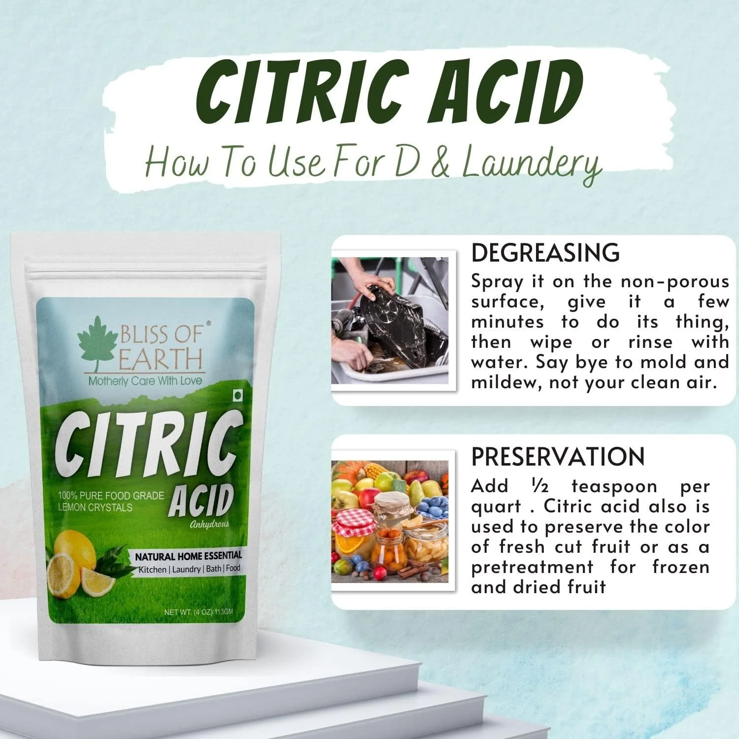 اسید سیتریک خالص خوراکی بلیس آف ارث، پودر اسید سیتریک بدون آب کریستال لیمو برای غذا، حمام، تمیز کردن و نگهداری، 113 گرم اسید سیتریک خالص خوراکی بلیس آف ارث، پودر اسید سیتریک بدون آب کریستال لیمو برای غذا، حمام، تمیز کردن و نگهداری، 113 گرم