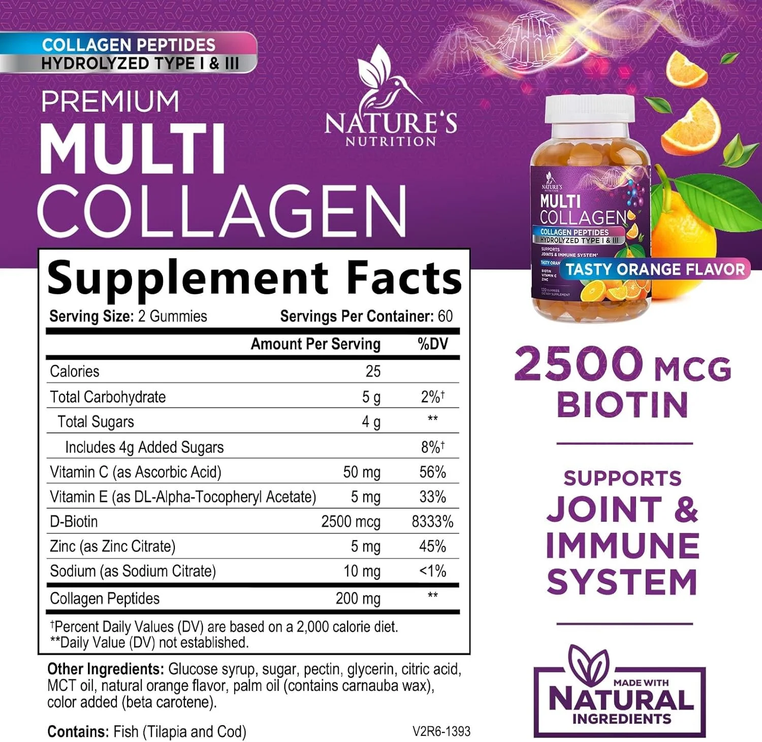 پاستیل پپتیدهای کلاژن با 2500 میکروگرم بیوتین - پروتئین هیدرولیز شده نوع I و III مکمل کلاژن چندگانه با ویتامین C و روی - پشتیبانی از مو، پوست، ناخن، طعم پرتقال خوشمزه - 120 پاستیل پاستیل پپتیدهای کلاژن با 2500 میکروگرم بیوتین - پروتئین هیدرولیز شده نوع I و III مکمل کلاژن چندگانه با ویتامین C و روی - پشتیبانی از مو، پوست، ناخن، طعم پرتقال خوشمزه - 120 پاستیل