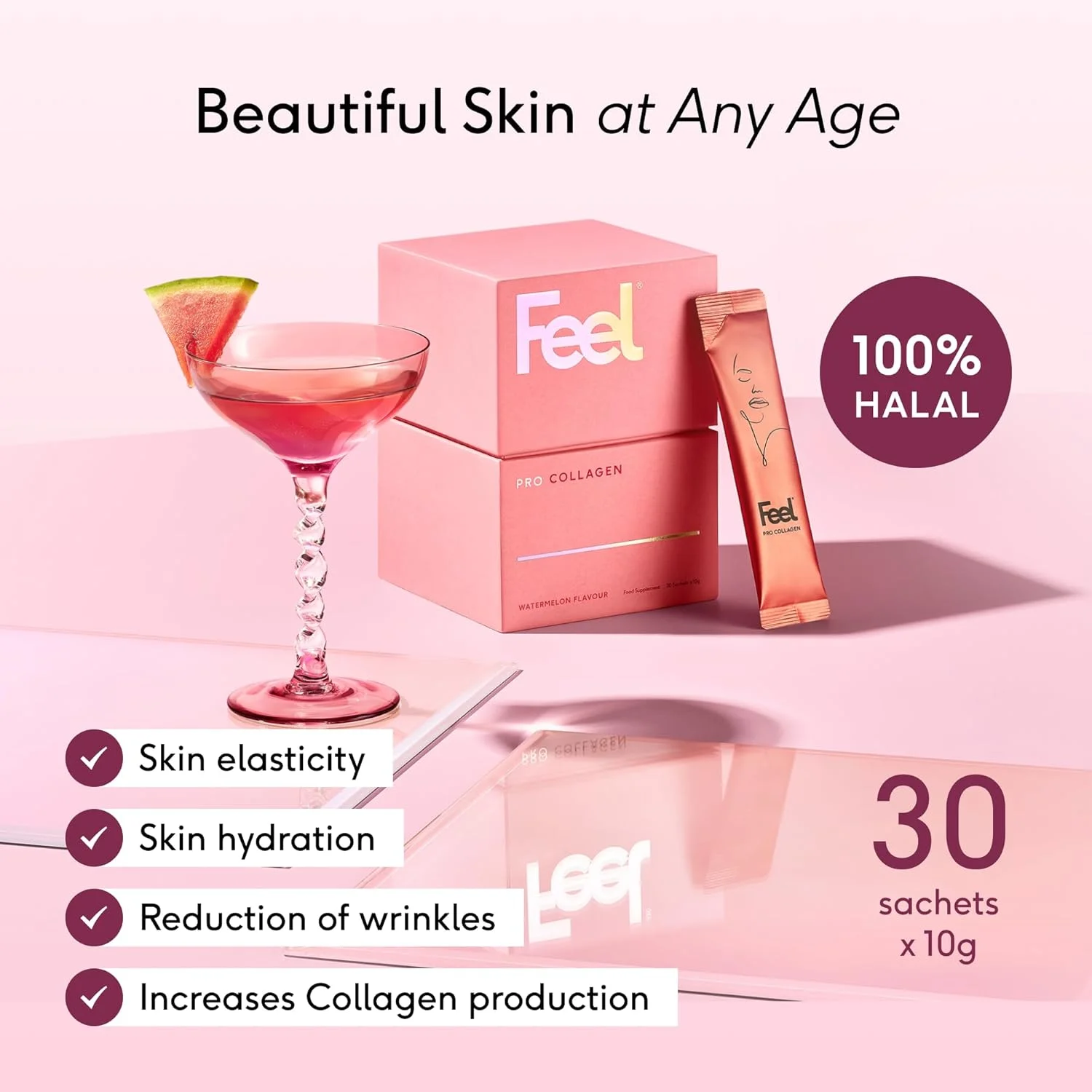 ساشه های کلاژن Feel Pro، طعم هندوانه، 5 گرم کلاژن در هر وعده، بدون گلوتن، تقویت کننده موهای سالم، پوست زیبا و پشتیبانی از ناخن، پودر، (30 ساشه)