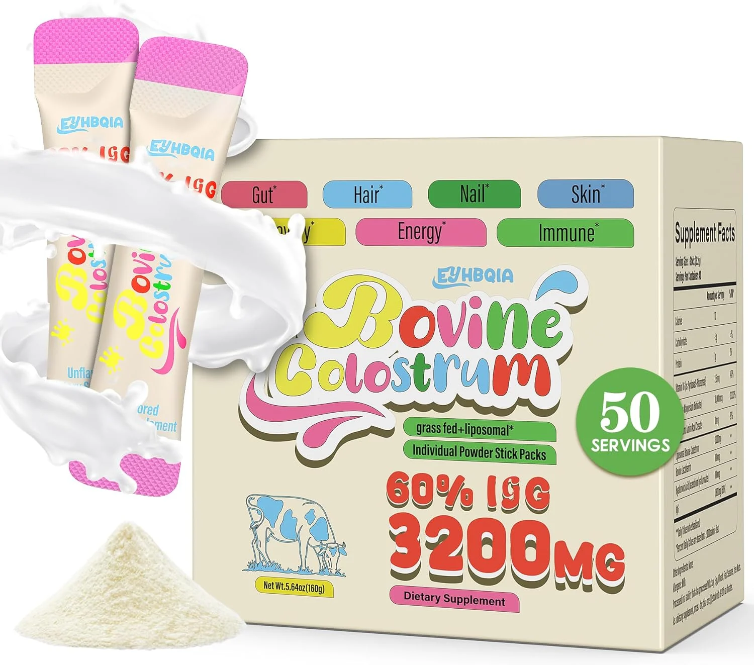 پودر مکمل کلستروم - کلستروم گاوی تغذیه شده با علف با 60% IgG، اسید هیالورونیک، زینک و بیوتین | پشتیبانی از سلامت روده، سیستم ایمنی، زیبایی و رشد مو | بدون طعم، بسته 50 عددی