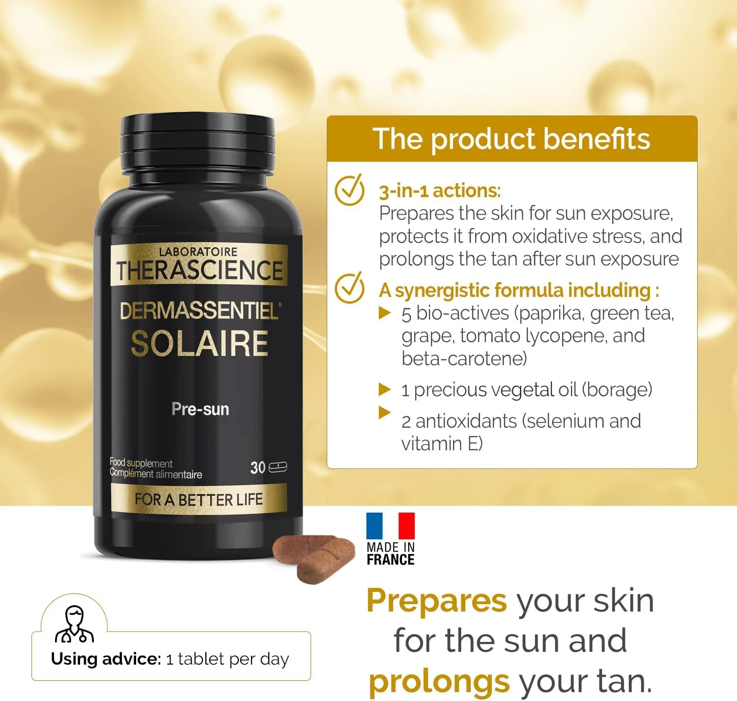 مکمل برنزه کننده 3 در 1 DERMASSENTIEL SOLAIRE | آماده سازی پوست برای قرار گرفتن در معرض آفتاب، محافظت و افزایش برنزه شدن | برنامه 1 ماهه | 5 ماده فعال زیستی آنتی اکسیدانی | 30 قرص | Laboratoire THERASCIENCE