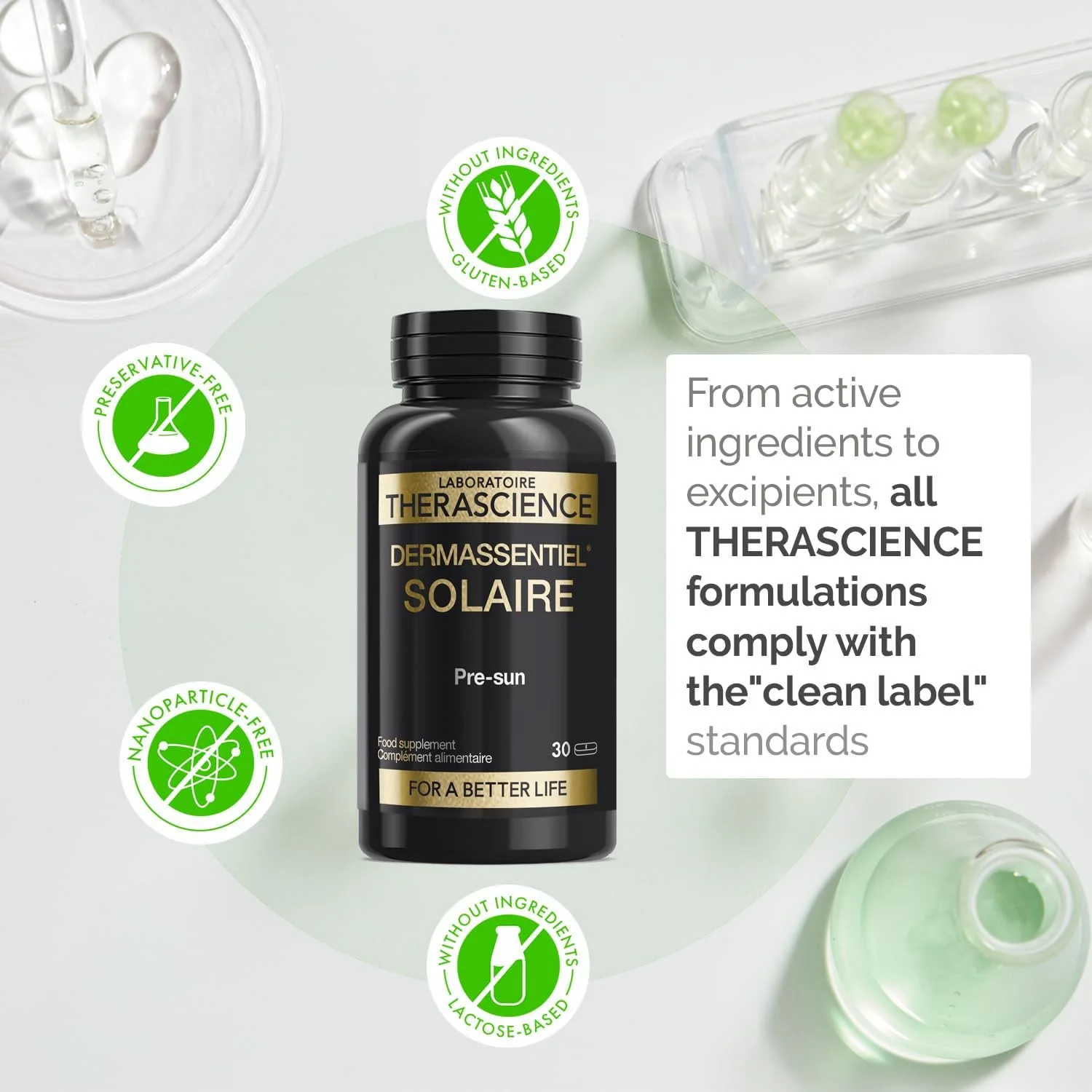 مکمل برنزه کننده 3 در 1 DERMASSENTIEL SOLAIRE | آماده سازی پوست برای قرار گرفتن در معرض آفتاب، محافظت و افزایش برنزه شدن | برنامه 1 ماهه | 5 ماده فعال زیستی آنتی اکسیدانی | 30 قرص | Laboratoire THERASCIENCE