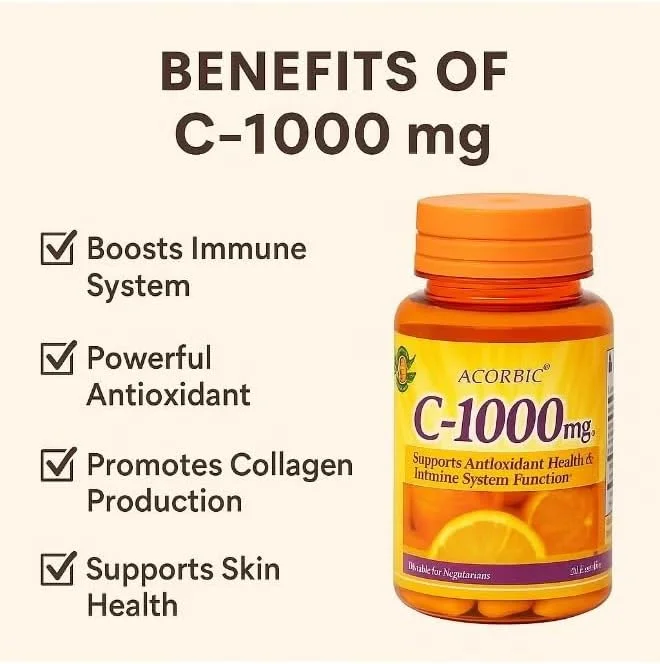 ویتامین C آکوربیک 1000 میلی گرم | مکمل تقویت سیستم ایمنی و آنتی اکسیدان | افزایش کلاژن، محافظت از سلول ها، پشتیبانی از سلامت پوست | 30 قرص | گیاهی