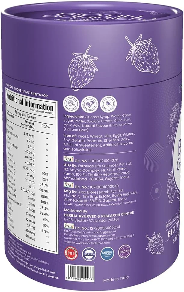 پاستیل مو اگزوتیک لیف حاوی بیوتین، 60 عدد، برای موهای قوی و درخشان، پوست شفاف، غنی شده با بیوتین، زینک، فولیک اسید، ویتامین B6، بدون گلوتن و ژلاتین - بسته 1 عددی پاستیل مو اگزوتیک لیف حاوی بیوتین، 60 عدد، برای موهای قوی و درخشان، پوست شفاف، غنی شده با بیوتین، زینک، فولیک اسید، ویتامین B6، بدون گلوتن و ژلاتین - بسته 1 عددی