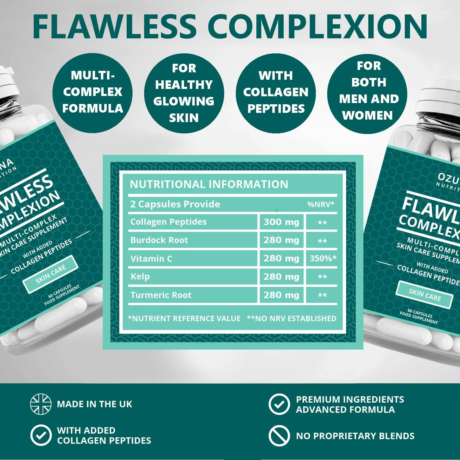 مکمل پوست شفاف و بی نقص - درخشندگی پوست | کپسول های چندگانه با پپتیدهای کلاژن | برای زنان و مردان | تامین یک ماهه