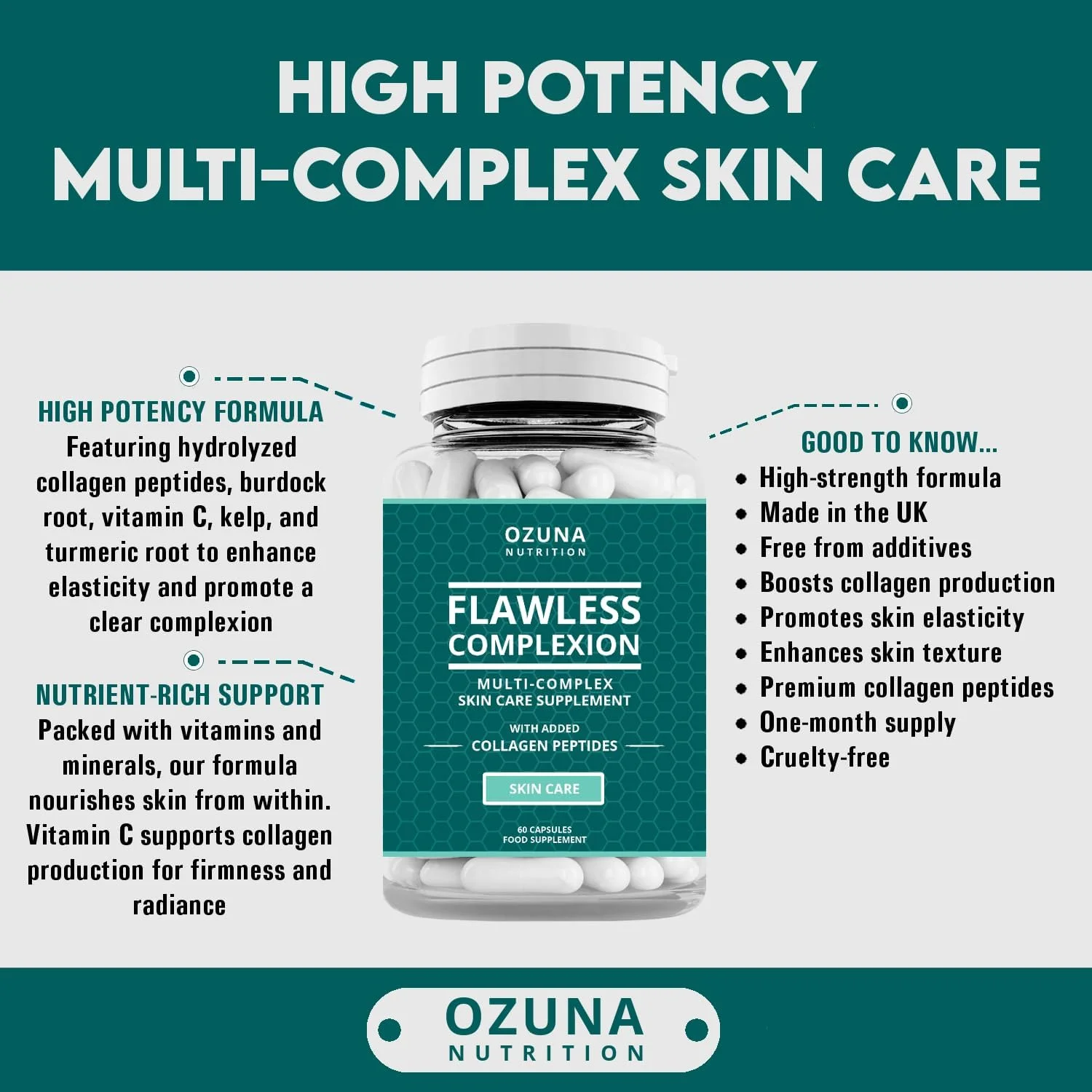 مکمل پوست شفاف و بی نقص - درخشندگی پوست | کپسول های چندگانه با پپتیدهای کلاژن | برای زنان و مردان | تامین یک ماهه