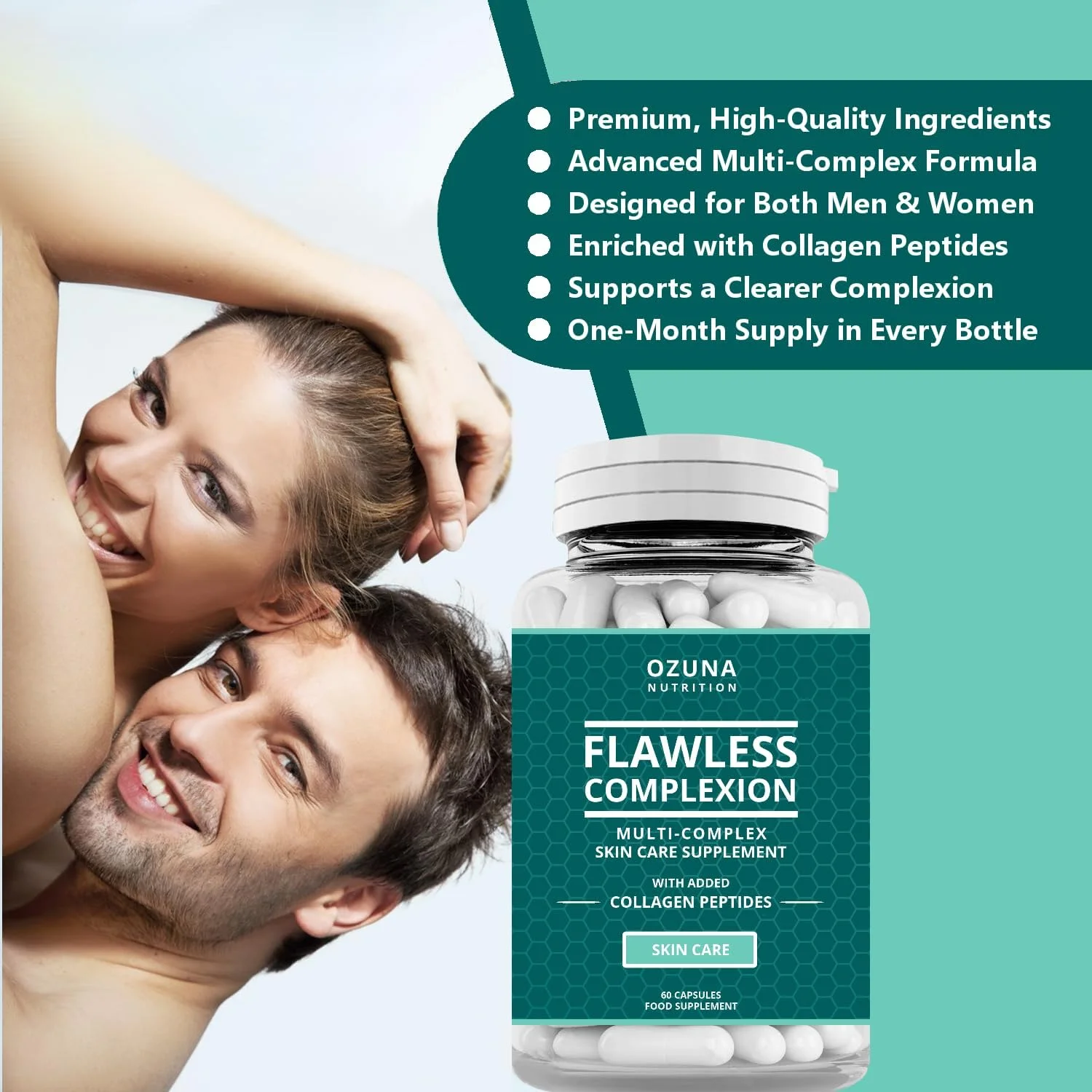 مکمل پوست شفاف و بی نقص - درخشندگی پوست | کپسول های چندگانه با پپتیدهای کلاژن | برای زنان و مردان | تامین یک ماهه