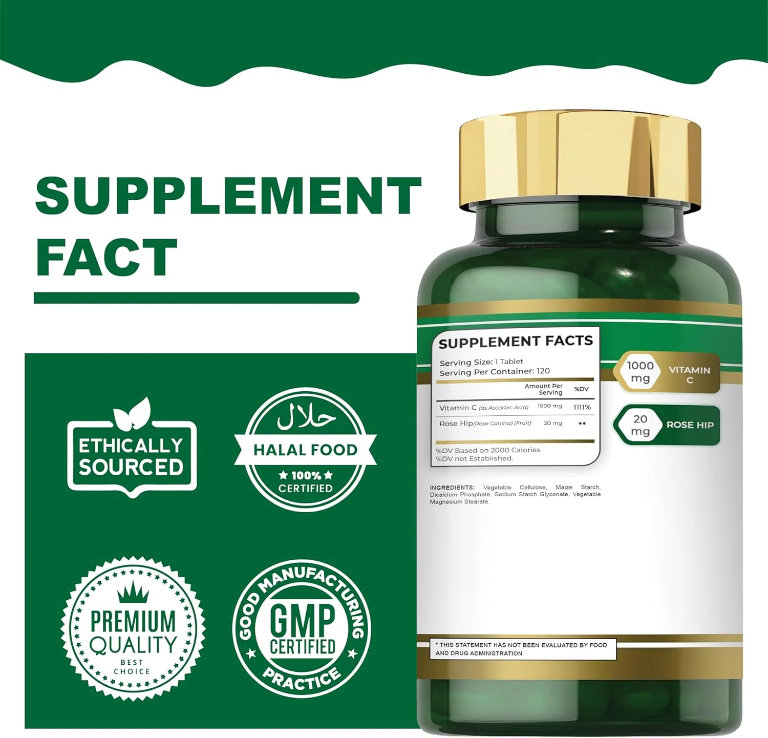 ویتامین C - 1000 میلی گرم (120 قرص) با گل رز | محافظت آنتی اکسیدانی، تقویت سیستم ایمنی و پشتیبانی از سلامت پوست | مکمل اسید آسکوربیک برای 120 روز | غیر GMO، بدون گلوتن