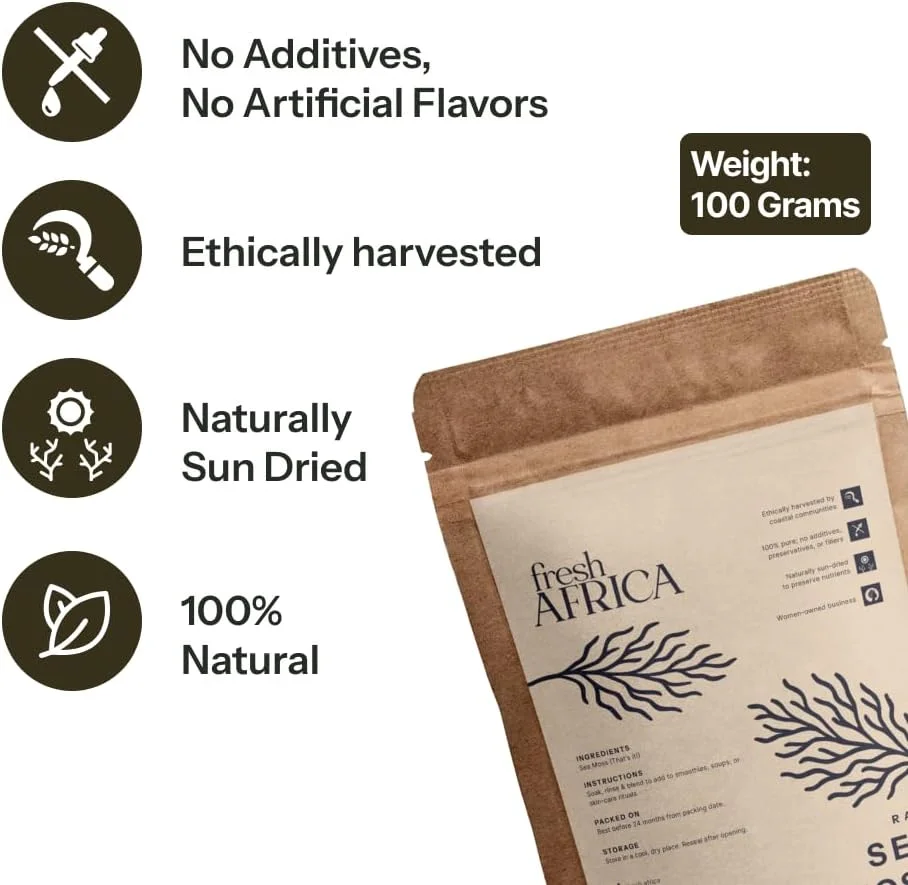 خزه دریایی خام آفریقایی تازه 100 گرمی | خزه دریایی طلایی ارگانیک و وحشی | خشک شده در آفتاب، سوپرفود غیر تراریخته | غنی از سیلیس و بیش از 90 ماده معدنی | تقویت کننده ایمنی و سلامت پوست