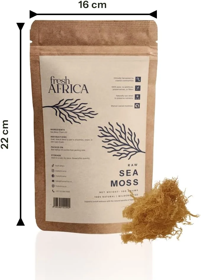 خزه دریایی خام آفریقایی تازه 100 گرمی | خزه دریایی طلایی ارگانیک و وحشی | خشک شده در آفتاب، سوپرفود غیر تراریخته | غنی از سیلیس و بیش از 90 ماده معدنی | تقویت کننده ایمنی و سلامت پوست