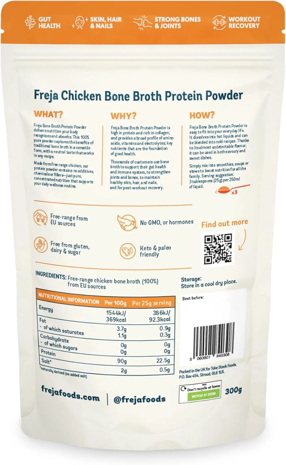 پودر آب قلم فرجا | پودر کلاژن و پروتئین 100% طبیعی | مرغ آزاد | آمینو اسیدها و مواد معدنی | تغذیه برای روده، مفاصل، پوست، مو و ناخن سالم | 300 گرم (15 وعده)