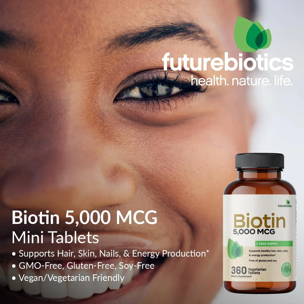 بیوتین 5000 میکروگرم Futurebiotics، پشتیبانی از سلامت مو، پوست، ناخن و تولید انرژی، غیر تراریخته، 360 قرص گیاهی (تامین یک ساله)