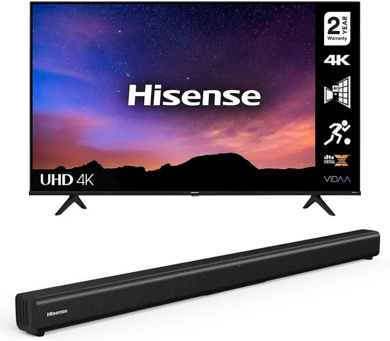 تلویزیون هوشمند 65 اینچ هایسنس 4K UHD، دالبی ویژن HDR، DTS Virtual X، الکسا، بلوتوث، وای فای، مدل 65A61Gtuk. همراه با ساندبار HS205 2.0 کاناله، 60 وات، Roku TV Ready، بلوتوث، HDMI، 3 حالت EQ مشکی