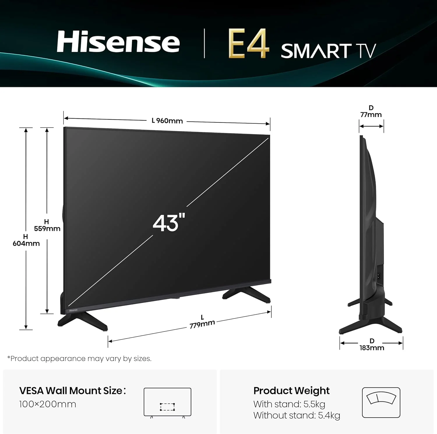 تلویزیون هوشمند 43 اینچ Hisense FHD 4K مدل E4Q - تقویت کننده رنگ طبیعی، کنتراست بالا، اشتراک گذاری با تلویزیون، وای فای دو بانده، حالت بازی، حالت محافظت از چشم، یوتیوب، نتفلیکس، شاهد 43E4Q (نسخه 2025 امارات)
